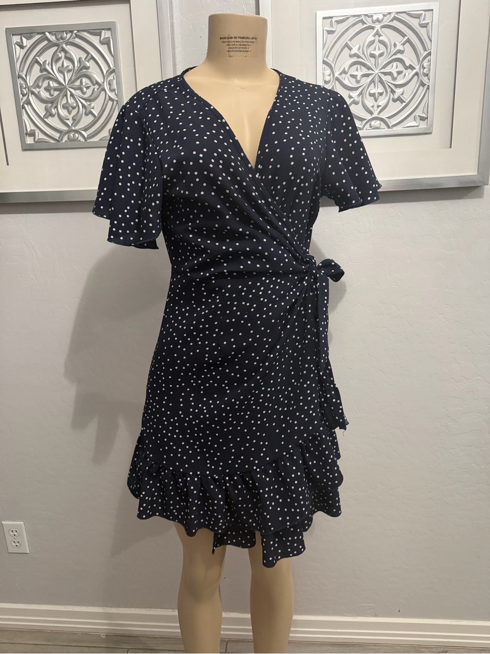 Polka Dot Wrap Dress with Ruffle Hem - Navy